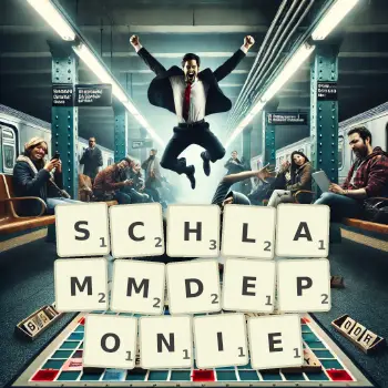 Kreative Illustration für ein Scrabble-Spiel, bei dem das Wort SCHLAMMDEPONIE mit Steinen auf dem Brett gelegt wurde.