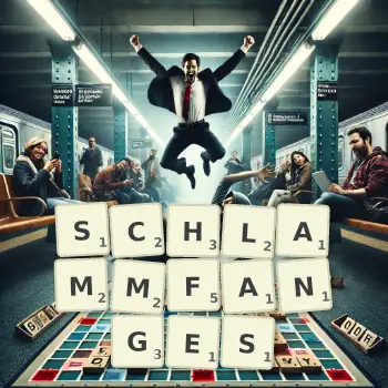 Kreative Illustration für ein Scrabble-Spiel, bei dem das Wort SCHLAMMFANGES mit Steinen auf dem Brett gelegt wurde.