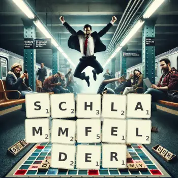 Kreative Illustration für ein Scrabble-Spiel, bei dem das Wort SCHLAMMFELDER mit Steinen auf dem Brett gelegt wurde.