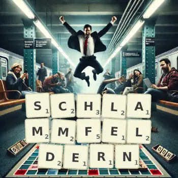 Kreative Illustration für ein Scrabble-Spiel, bei dem das Wort SCHLAMMFELDERN mit Steinen auf dem Brett gelegt wurde.