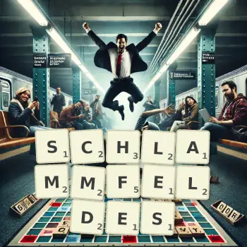 Kreative Illustration für ein Scrabble-Spiel, bei dem das Wort SCHLAMMFELDES mit Steinen auf dem Brett gelegt wurde.