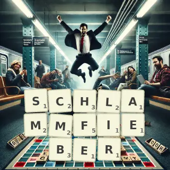 Kreative Illustration für ein Scrabble-Spiel, bei dem das Wort SCHLAMMFIEBER mit Steinen auf dem Brett gelegt wurde.