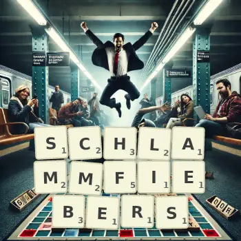Kreative Illustration für ein Scrabble-Spiel, bei dem das Wort SCHLAMMFIEBERS mit Steinen auf dem Brett gelegt wurde.