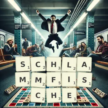 Kreative Illustration für ein Scrabble-Spiel, bei dem das Wort SCHLAMMFISCHE mit Steinen auf dem Brett gelegt wurde.