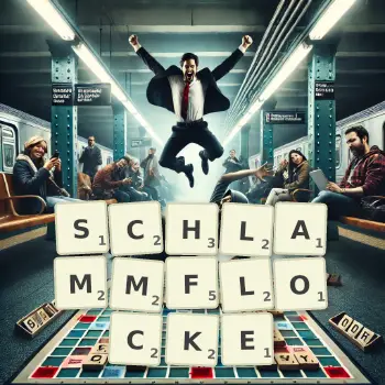 Kreative Illustration für ein Scrabble-Spiel, bei dem das Wort SCHLAMMFLOCKE mit Steinen auf dem Brett gelegt wurde.