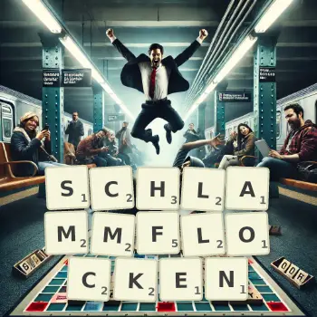 Kreative Illustration für ein Scrabble-Spiel, bei dem das Wort SCHLAMMFLOCKEN mit Steinen auf dem Brett gelegt wurde.