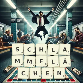 Kreative Illustration für ein Scrabble-Spiel, bei dem das Wort SCHLAMMFLÄCHEN mit Steinen auf dem Brett gelegt wurde.