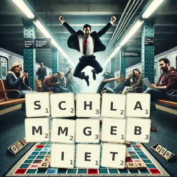 Kreative Illustration für ein Scrabble-Spiel, bei dem das Wort SCHLAMMGEBIET mit Steinen auf dem Brett gelegt wurde.