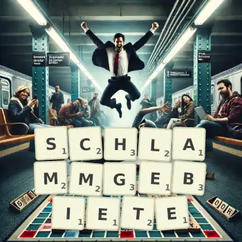 Kreative Illustration für ein Scrabble-Spiel, bei dem das Wort SCHLAMMGEBIETE mit Steinen auf dem Brett gelegt wurde.
