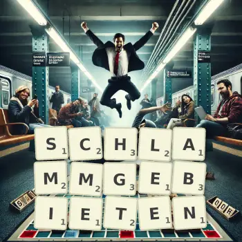 Kreative Illustration für ein Scrabble-Spiel, bei dem das Wort SCHLAMMGEBIETEN mit Steinen auf dem Brett gelegt wurde.