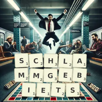 Kreative Illustration für ein Scrabble-Spiel, bei dem das Wort SCHLAMMGEBIETS mit Steinen auf dem Brett gelegt wurde.