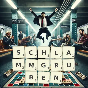 Kreative Illustration für ein Scrabble-Spiel, bei dem das Wort SCHLAMMGRUBEN mit Steinen auf dem Brett gelegt wurde.