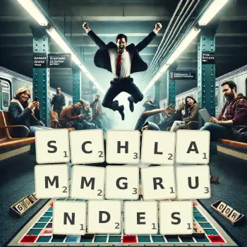 Kreative Illustration für ein Scrabble-Spiel, bei dem das Wort SCHLAMMGRUNDES mit Steinen auf dem Brett gelegt wurde.