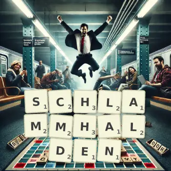 Kreative Illustration für ein Scrabble-Spiel, bei dem das Wort SCHLAMMHALDEN mit Steinen auf dem Brett gelegt wurde.