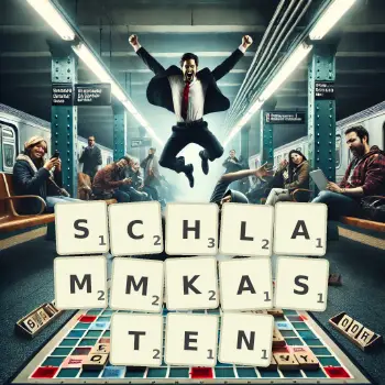 Kreative Illustration für ein Scrabble-Spiel, bei dem das Wort SCHLAMMKASTEN mit Steinen auf dem Brett gelegt wurde.