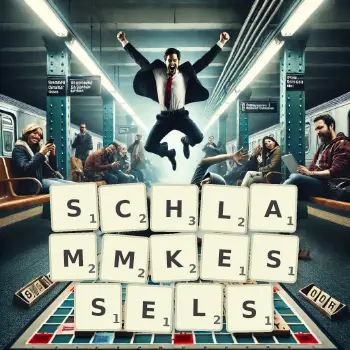Kreative Illustration für ein Scrabble-Spiel, bei dem das Wort SCHLAMMKESSELS mit Steinen auf dem Brett gelegt wurde.