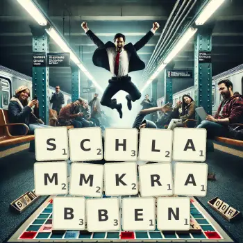 Kreative Illustration für ein Scrabble-Spiel, bei dem das Wort SCHLAMMKRABBEN mit Steinen auf dem Brett gelegt wurde.