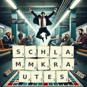 Kreative Illustration für ein Scrabble-Spiel, bei dem das Wort SCHLAMMKRAUTES mit Steinen auf dem Brett gelegt wurde.