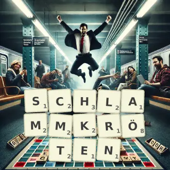 Kreative Illustration für ein Scrabble-Spiel, bei dem das Wort SCHLAMMKRÖTEN mit Steinen auf dem Brett gelegt wurde.