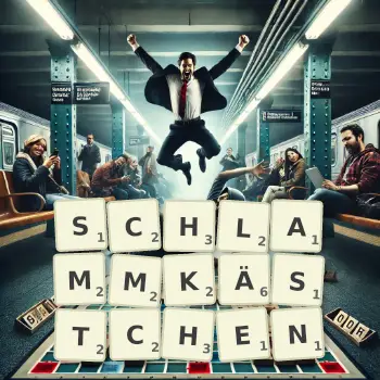Kreative Illustration für ein Scrabble-Spiel, bei dem das Wort SCHLAMMKÄSTCHEN mit Steinen auf dem Brett gelegt wurde.
