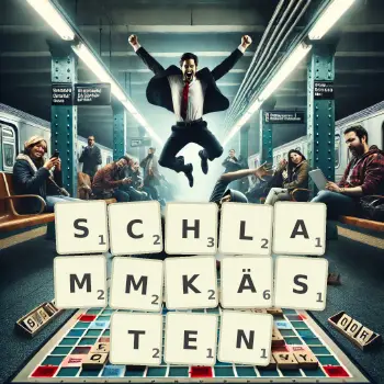 Kreative Illustration für ein Scrabble-Spiel, bei dem das Wort SCHLAMMKÄSTEN mit Steinen auf dem Brett gelegt wurde.