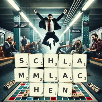 Kreative Illustration für ein Scrabble-Spiel, bei dem das Wort SCHLAMMLACHEN mit Steinen auf dem Brett gelegt wurde.