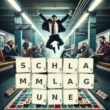 Kreative Illustration für ein Scrabble-Spiel, bei dem das Wort SCHLAMMLAGUNE mit Steinen auf dem Brett gelegt wurde.
