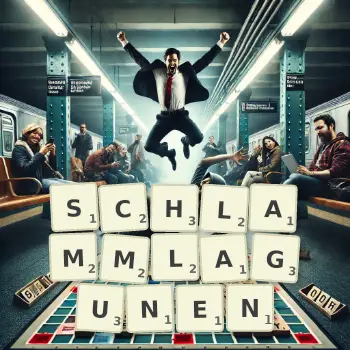 Kreative Illustration für ein Scrabble-Spiel, bei dem das Wort SCHLAMMLAGUNEN mit Steinen auf dem Brett gelegt wurde.