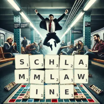 Kreative Illustration für ein Scrabble-Spiel, bei dem das Wort SCHLAMMLAWINE mit Steinen auf dem Brett gelegt wurde.