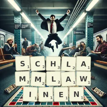 Kreative Illustration für ein Scrabble-Spiel, bei dem das Wort SCHLAMMLAWINEN mit Steinen auf dem Brett gelegt wurde.