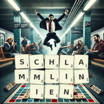 Kreative Illustration für ein Scrabble-Spiel, bei dem das Wort SCHLAMMLINIEN mit Steinen auf dem Brett gelegt wurde.