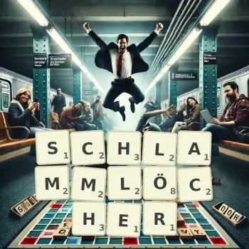 Kreative Illustration für ein Scrabble-Spiel, bei dem das Wort SCHLAMMLÖCHER mit Steinen auf dem Brett gelegt wurde.
