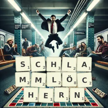Kreative Illustration für ein Scrabble-Spiel, bei dem das Wort SCHLAMMLÖCHERN mit Steinen auf dem Brett gelegt wurde.
