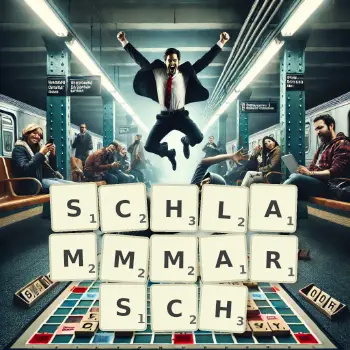 Kreative Illustration für ein Scrabble-Spiel, bei dem das Wort SCHLAMMMARSCH mit Steinen auf dem Brett gelegt wurde.