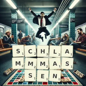 Kreative Illustration für ein Scrabble-Spiel, bei dem das Wort SCHLAMMMASSEN mit Steinen auf dem Brett gelegt wurde.