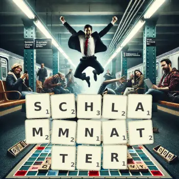 Kreative Illustration für ein Scrabble-Spiel, bei dem das Wort SCHLAMMNATTER mit Steinen auf dem Brett gelegt wurde.