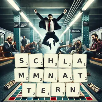 Kreative Illustration für ein Scrabble-Spiel, bei dem das Wort SCHLAMMNATTERN mit Steinen auf dem Brett gelegt wurde.