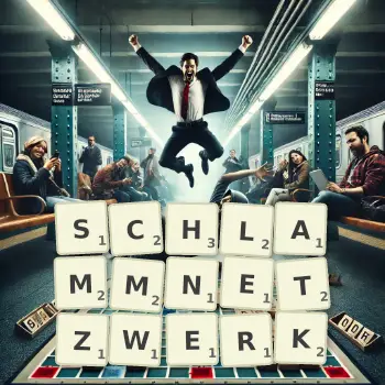 Kreative Illustration für ein Scrabble-Spiel, bei dem das Wort SCHLAMMNETZWERK mit Steinen auf dem Brett gelegt wurde.