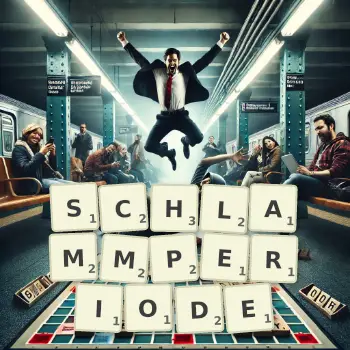 Kreative Illustration für ein Scrabble-Spiel, bei dem das Wort SCHLAMMPERIODE mit Steinen auf dem Brett gelegt wurde.