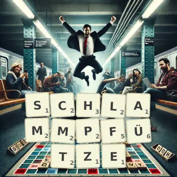 Kreative Illustration für ein Scrabble-Spiel, bei dem das Wort SCHLAMMPFÜTZE mit Steinen auf dem Brett gelegt wurde.