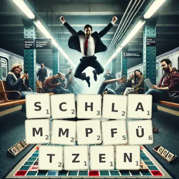 Kreative Illustration für ein Scrabble-Spiel, bei dem das Wort SCHLAMMPFÜTZEN mit Steinen auf dem Brett gelegt wurde.