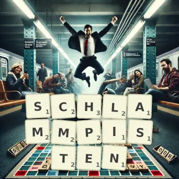 Kreative Illustration für ein Scrabble-Spiel, bei dem das Wort SCHLAMMPISTEN mit Steinen auf dem Brett gelegt wurde.
