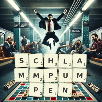 Kreative Illustration für ein Scrabble-Spiel, bei dem das Wort SCHLAMMPUMPEN mit Steinen auf dem Brett gelegt wurde.