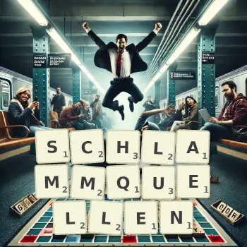 Kreative Illustration für ein Scrabble-Spiel, bei dem das Wort SCHLAMMQUELLEN mit Steinen auf dem Brett gelegt wurde.