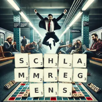 Kreative Illustration für ein Scrabble-Spiel, bei dem das Wort SCHLAMMREGENS mit Steinen auf dem Brett gelegt wurde.