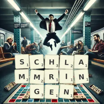 Kreative Illustration für ein Scrabble-Spiel, bei dem das Wort SCHLAMMRINGEN mit Steinen auf dem Brett gelegt wurde.