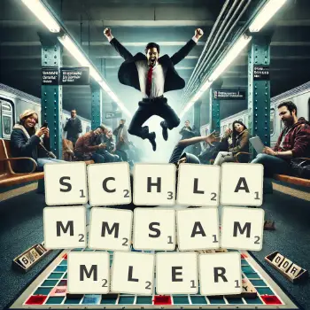 Kreative Illustration für ein Scrabble-Spiel, bei dem das Wort SCHLAMMSAMMLER mit Steinen auf dem Brett gelegt wurde.