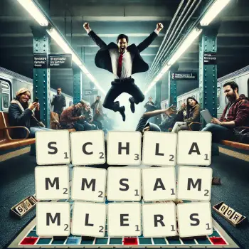 Kreative Illustration für ein Scrabble-Spiel, bei dem das Wort SCHLAMMSAMMLERS mit Steinen auf dem Brett gelegt wurde.