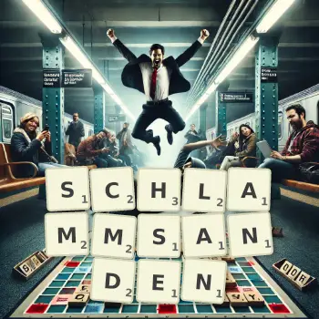 Kreative Illustration für ein Scrabble-Spiel, bei dem das Wort SCHLAMMSANDEN mit Steinen auf dem Brett gelegt wurde.