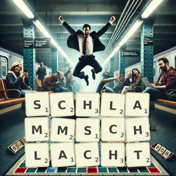 Kreative Illustration für ein Scrabble-Spiel, bei dem das Wort SCHLAMMSCHLACHT mit Steinen auf dem Brett gelegt wurde.